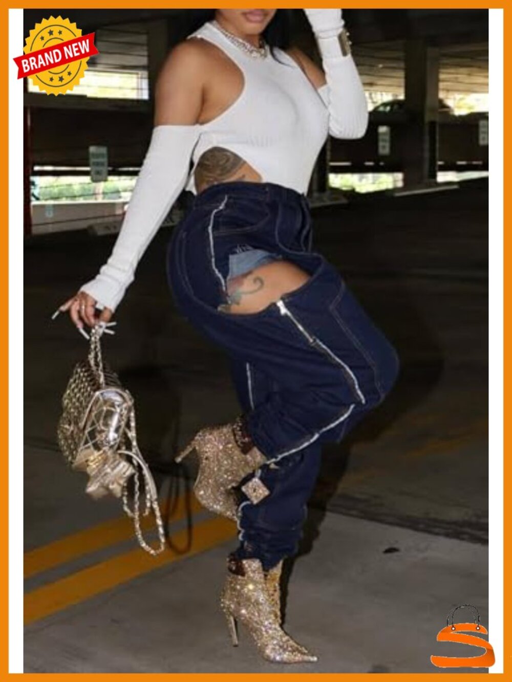 Baggy Denim Patchwork Jeans High Cutout Straight Wide Leg Stretchy Ripped Y2K - Picture 4 of 6